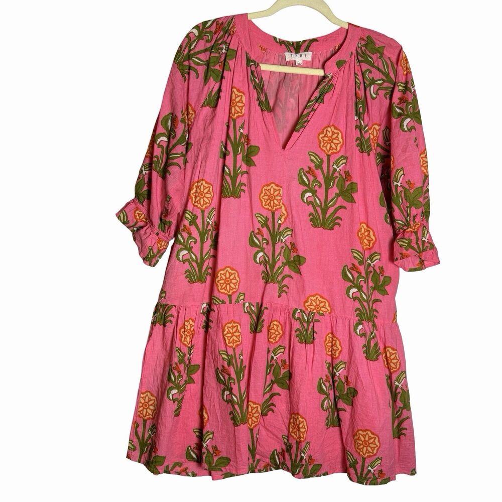 THML Tiered Dress Women's Large Pink Green Lined Floral Print Lined Cotton VNeck